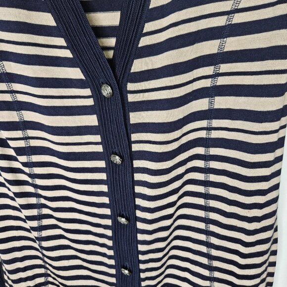 Max Mara Weekend Silk Cardigan Sz L Button Front Striped Navy Blue Beige - Picture 6 of 11
